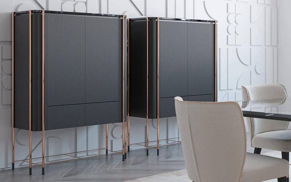 Bufet lemn masiv Înalt Calista Negru-Rose Gold L 104 x A 50 x H 150 cm - Marmura naturala