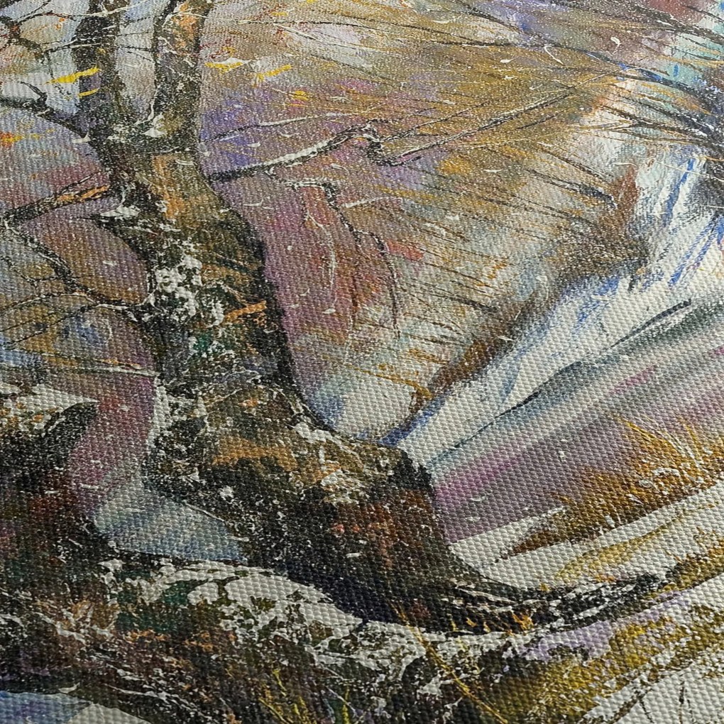 Tablou cu peisaj de iarnă pictat (cu ceas) (90x30 cm)