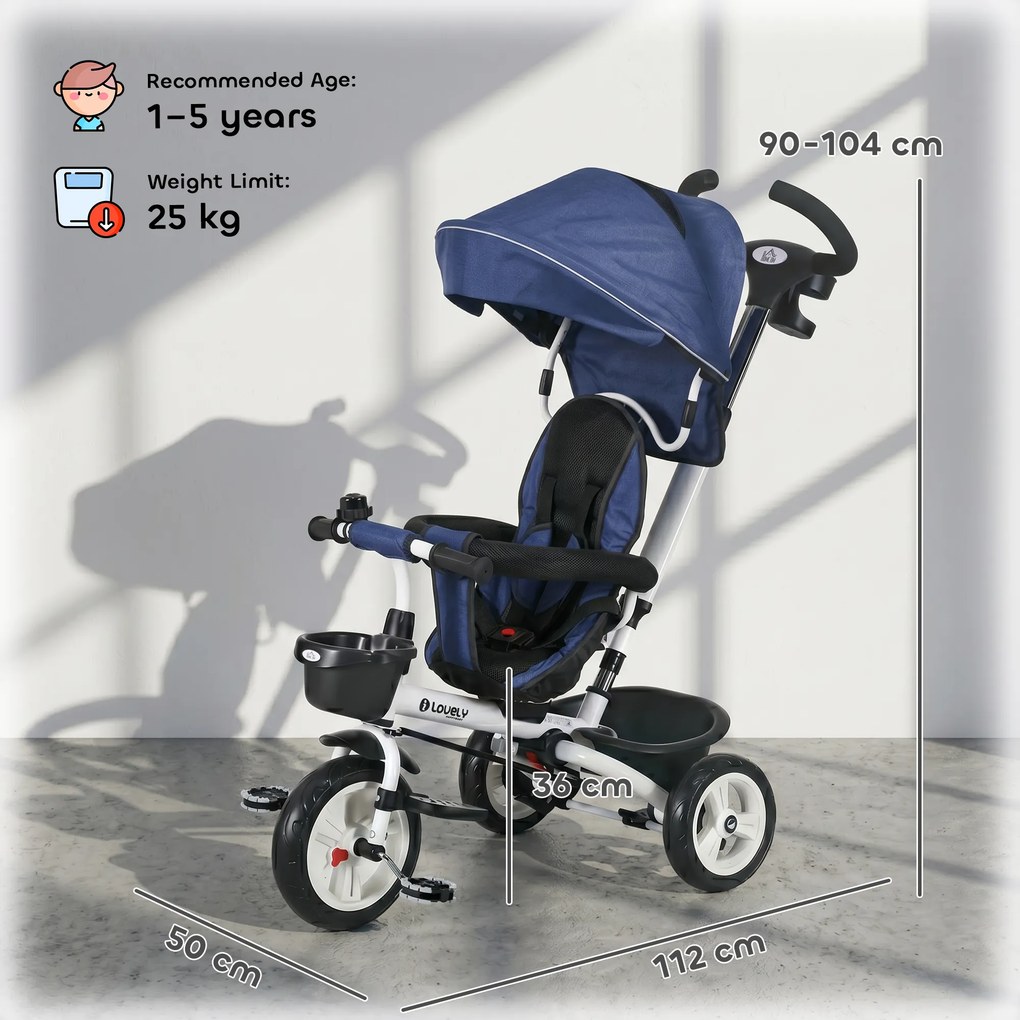 HOMCOM Tricicletă pentru Copii cu Mâner Multifuncțional, Cărucior pentru Copii cu Centură de Siguranță și Coș, 112x50x104 cm, Albastru | Aosom Romania