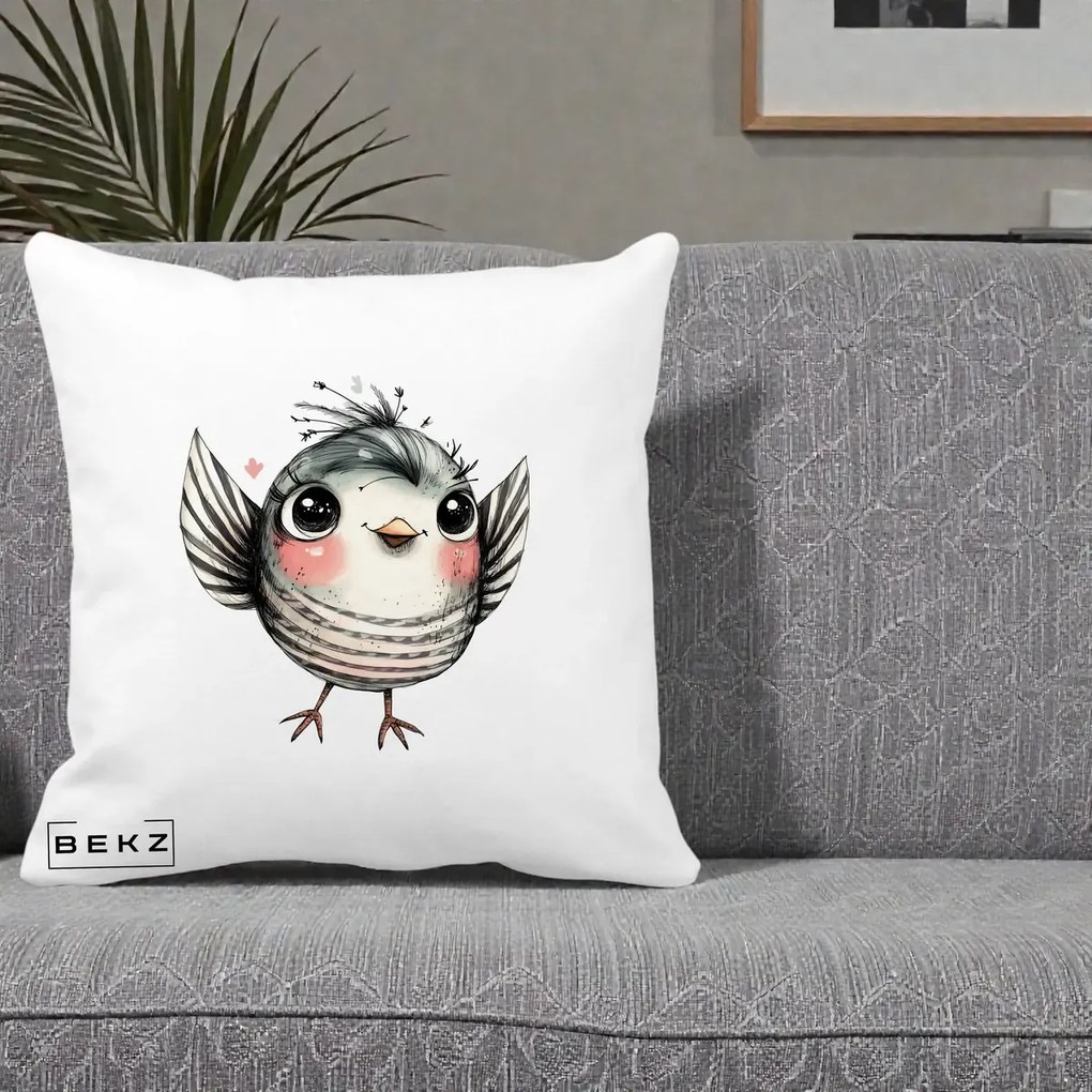 Perna Decorativa Pasare Gri cu Aripi si Inimioare, 40x40 cm, Alba Mata, Husa Detasabila, Perna Inclusa, BEKZ®