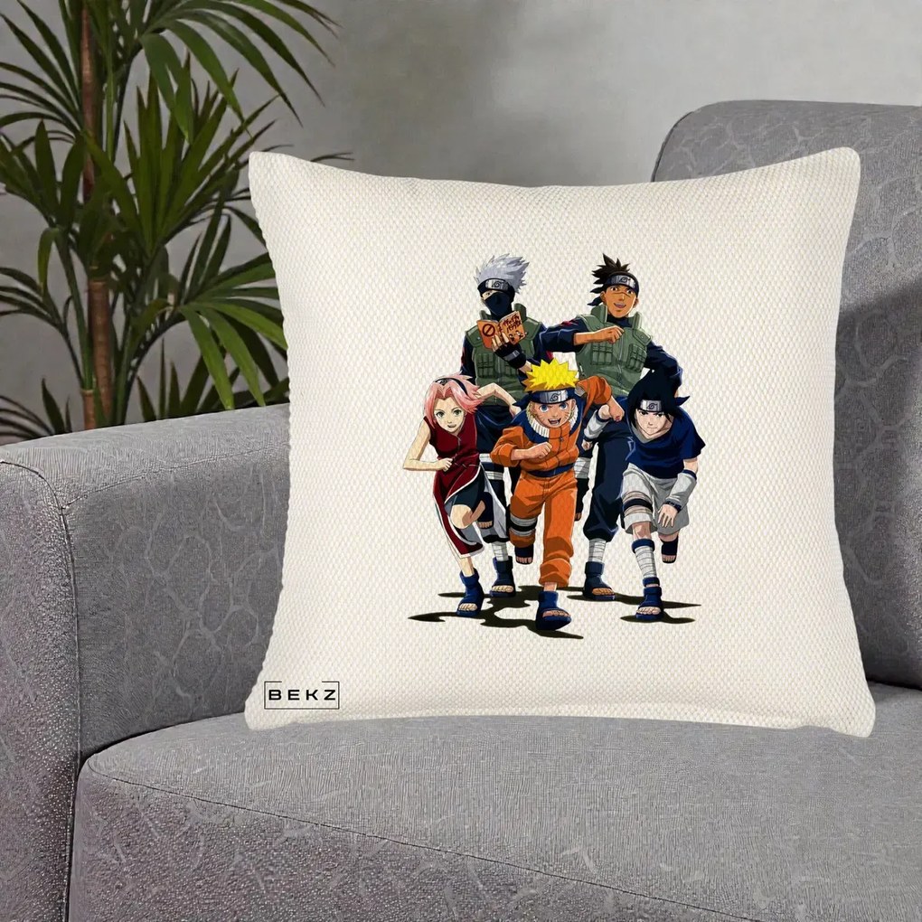 Perna Personalizata Naruto Echipa 7 Kakashi Sensei, 40x40 cm, Crem Reliefat, Husa Detasabila, Perna Inclusa, BEKZ®