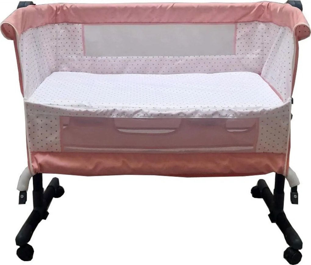 Patut copii transformabil in balansoar bebe Baby Care™ Co-Sleeper, Cu plasa insecte si cosulet depozitare, Design modern, 4 roti cu frana, Dimensiuni