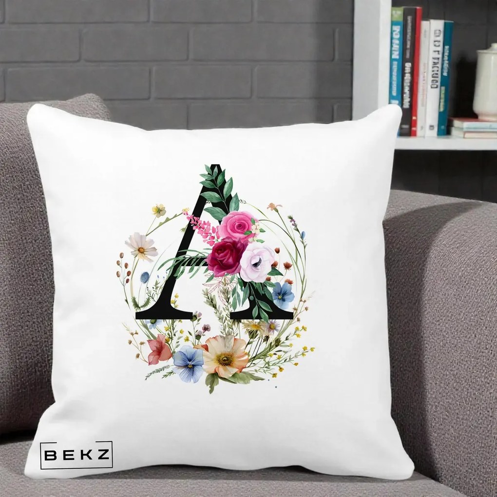 Cadou Personalizat - Perna Personalizata Monogram Litera A cu Flori Acuarela, 40x40 cm, Alba Mata, Husa Detasabila, Perna Inclusa, BEKZ®