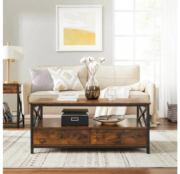 Masuta de cafea cu 2 sertare si raft, 100 x 55 x 47 cm, PAL melaminat / metal, maro, Vasagle