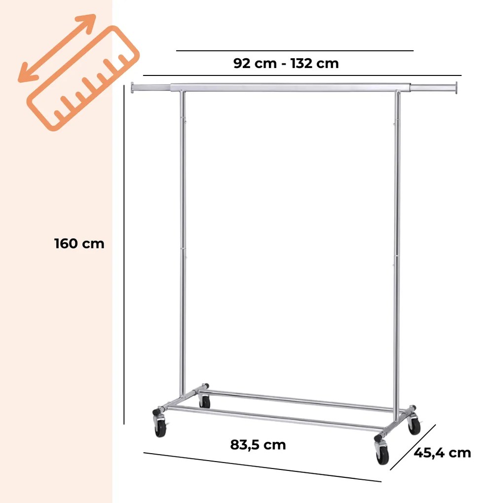 Suport pentru haine INEZ cu roți, max.90kg, 83,5x45x160cm, argintiu Jurhan