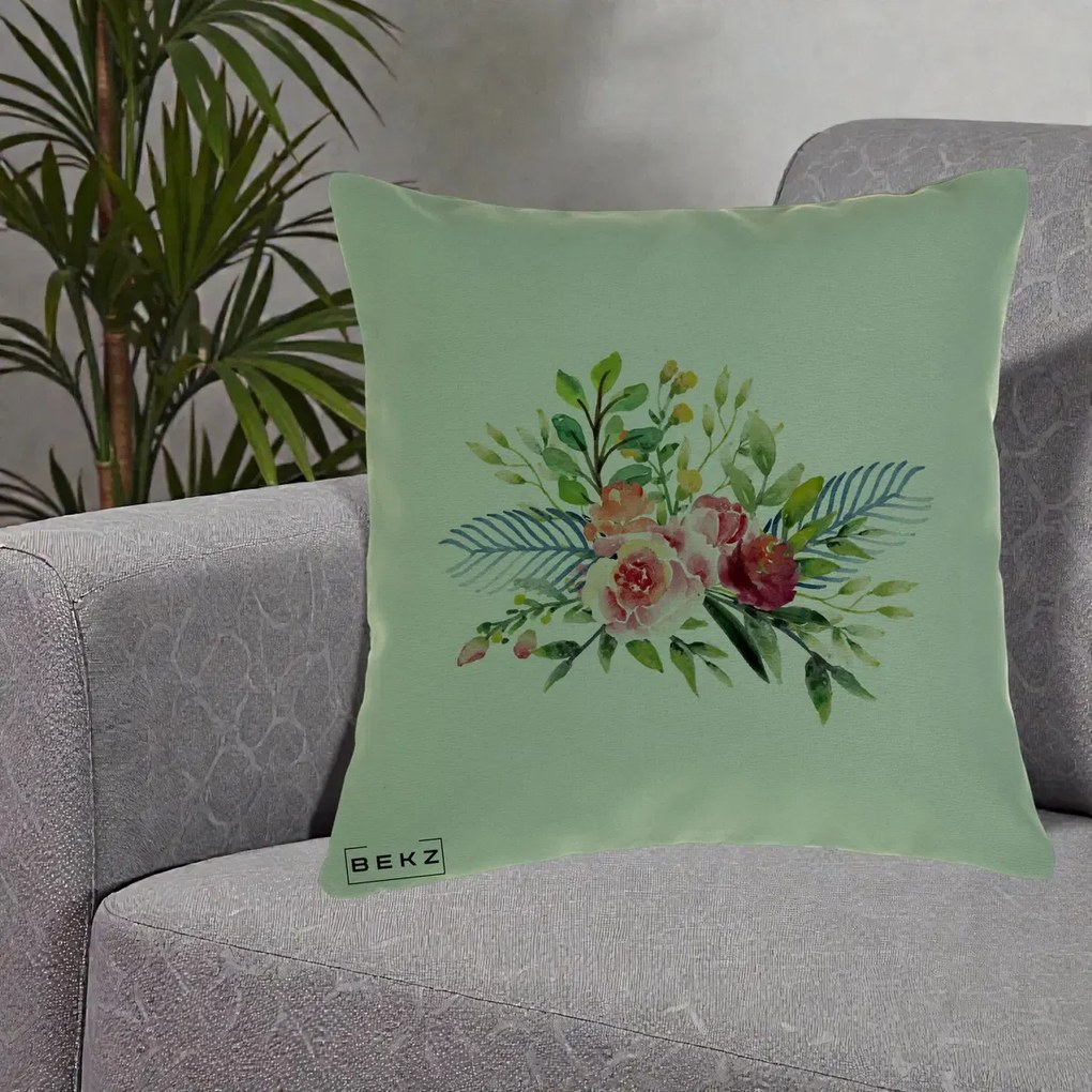 Perna Decorativa Buchet Flori Acuarela Roz-Verde, 40x40 cm, Verde, Husa Detasabila, Perna Inclusa, BEKZ®