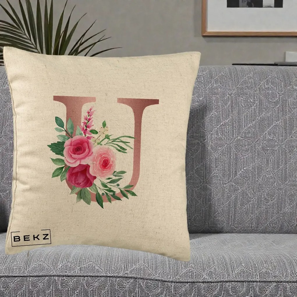 Cadou Personalizat - Perna Personalizata Monograma Rose Gold Litera U, 40x40 cm, Bej, Husa Detasabila, Perna Inclusa, BEKZ®