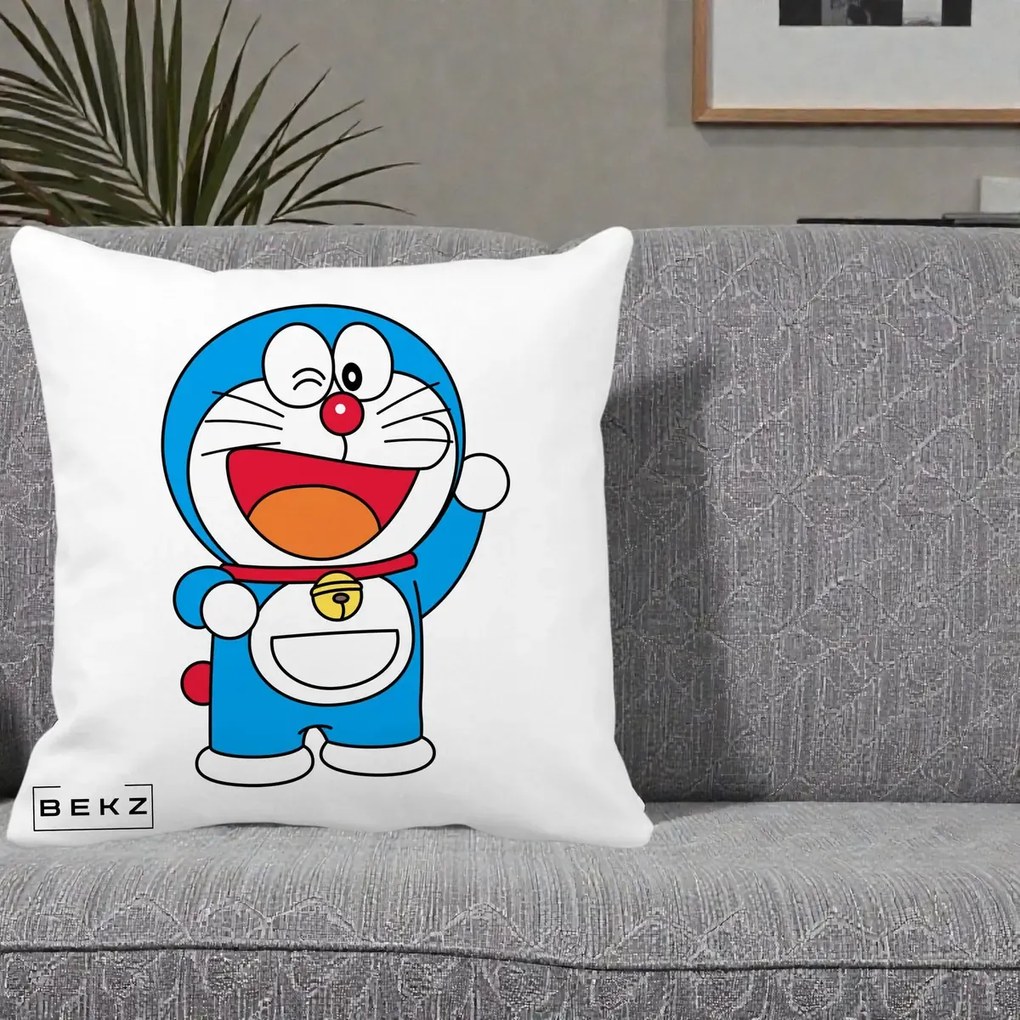 Perna Personalizata Doraemon Salutand, 40x40 cm, Alba Mata, Husa Detasabila, Perna Inclusa, BEKZ®