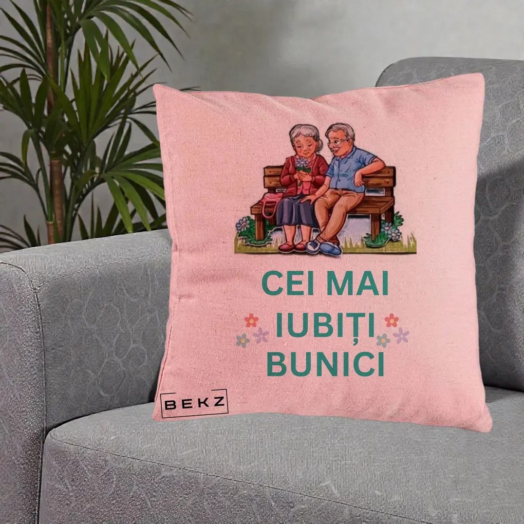 Cadou pentru Bunici - Perna Personalizata Cei Mai Iubiti Bunici Cuplu pe Banca Ilustratie, 40x40 cm, Roz, Husa Detasabila, Perna Inclusa, BEKZ®