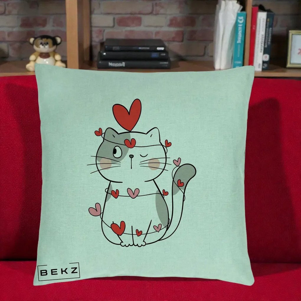 Perna Decorativa Pisica Kawaii cu Inimi, 40x40 cm, Verde Menta, Husa Detasabila, Perna Inclusa, BEKZ®