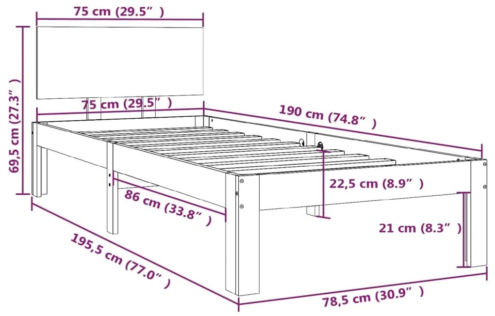 Cadru de pat mic Single 2FT6, 75x190 cm, lemn masiv Maro, 75 x 190 cm