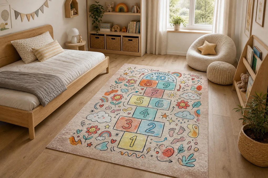 BAMBINO 61470 covor lavabil Grădină hopscotch, Flori, numere pentru copii anti-alunecare - roz / albastru