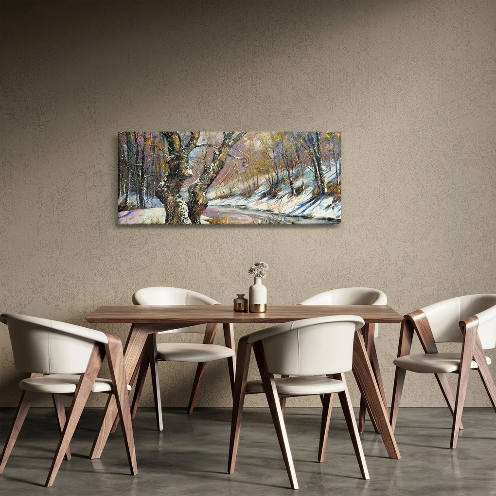 Tablou cu peisaj de iarnă pictat (120x50 cm)