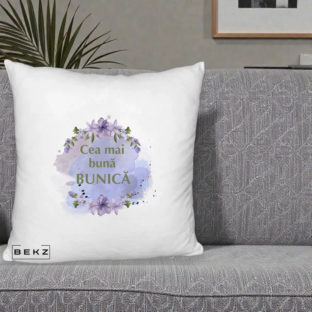 Cadou pentru Bunica - Perna Personalizata Cea Mai Buna Bunica Flori Mov Acuarela Auriu, 40x40 cm, Alb Pufos, Husa Detasabila, Perna Inclusa, BEKZ®