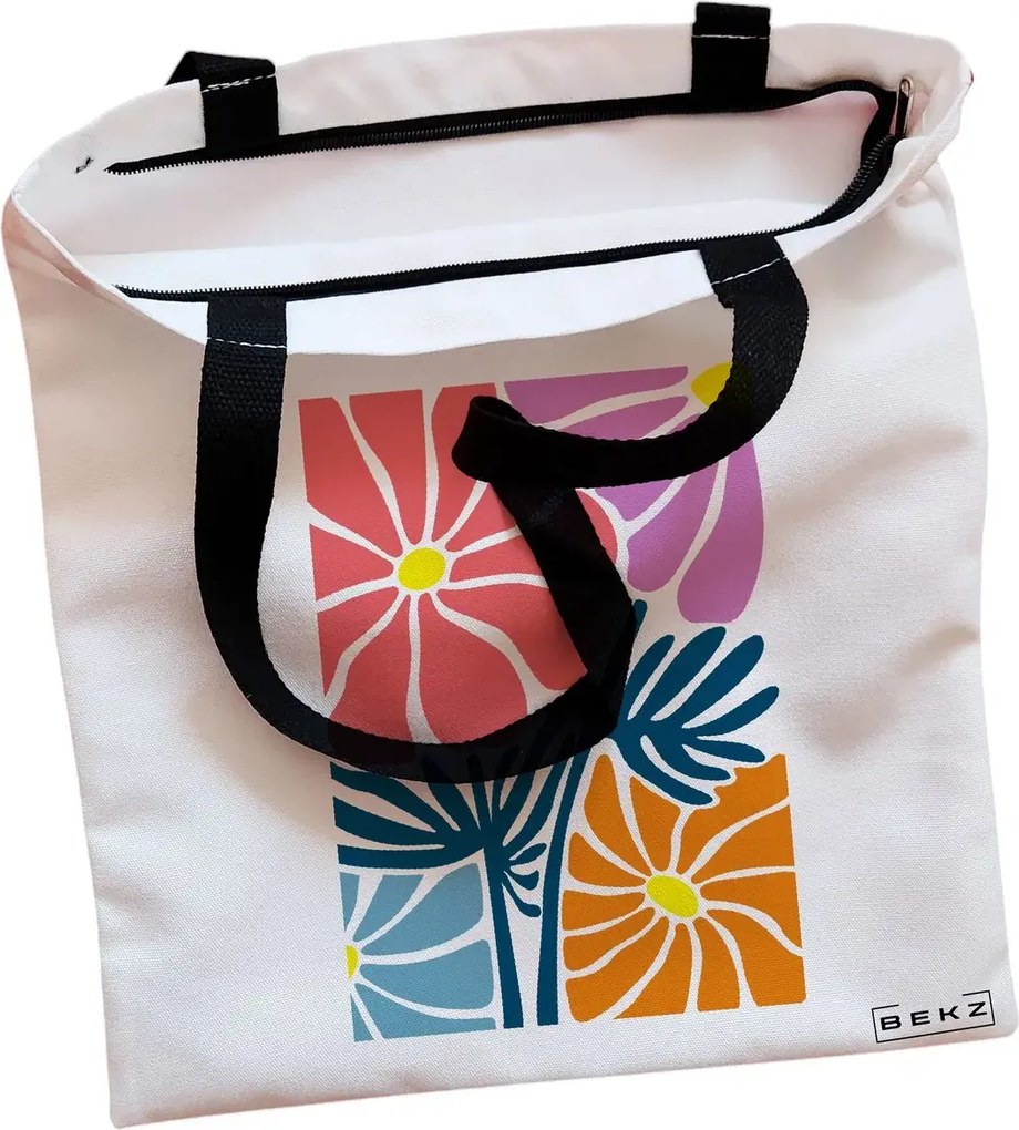 Sacosa de Panza pentru Cumparaturi, Geanta Tote, Boho Style 11, Cu fermoar, 38x34.5 cm, Alba, BEKZ®