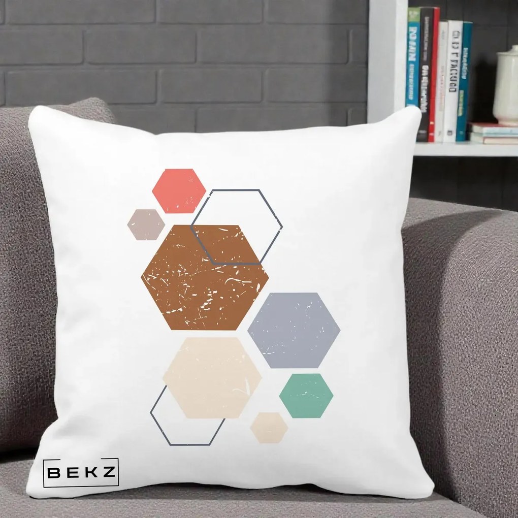 Perna decorativa boho Geometric Hexagoane Multicolor, 40x40 cm cu Umplutura, Alb Mat, BEKZ
