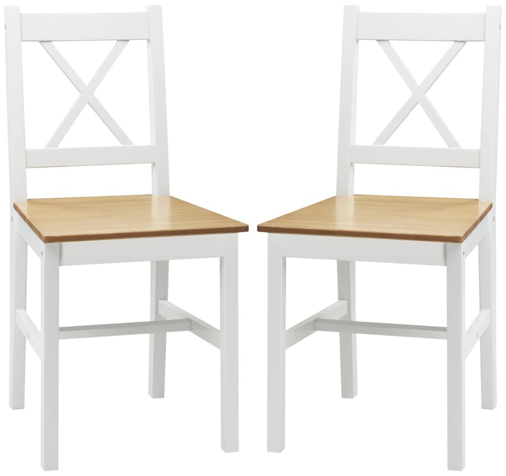HOMCOM Set de 2 scaune de sufragerie din lemn masiv scaun de bucătărie stil rustic spătar încrucișat alb și stejar | Aosom Romania