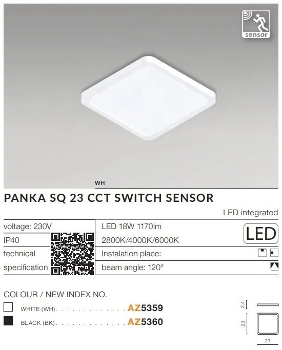 Plafoniera LED slim cu senzor de miscare si protectie IP40 PANKA SQ 23 CCT alb