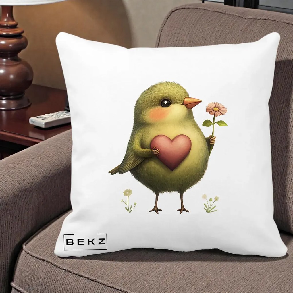 Perna Decorativa Pasare Verde cu Inima si Floare, 40x40 cm, Alba Mata, Husa Detasabila, Perna Inclusa, BEKZ®