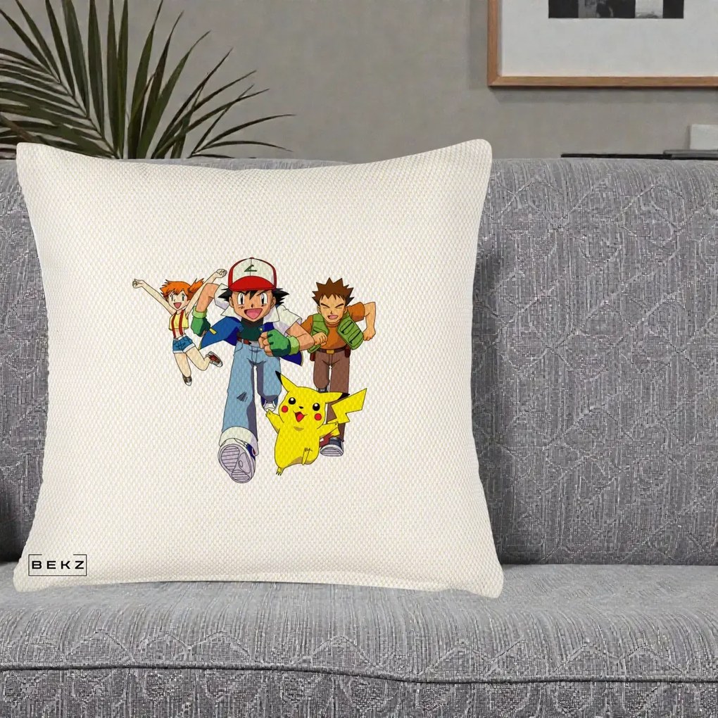 Perna Personalizata Pokemon Ash Misty Brock si Pikachu, 40x40 cm, Crem Reliefat, Husa Detasabila, Perna Inclusa, BEKZ®