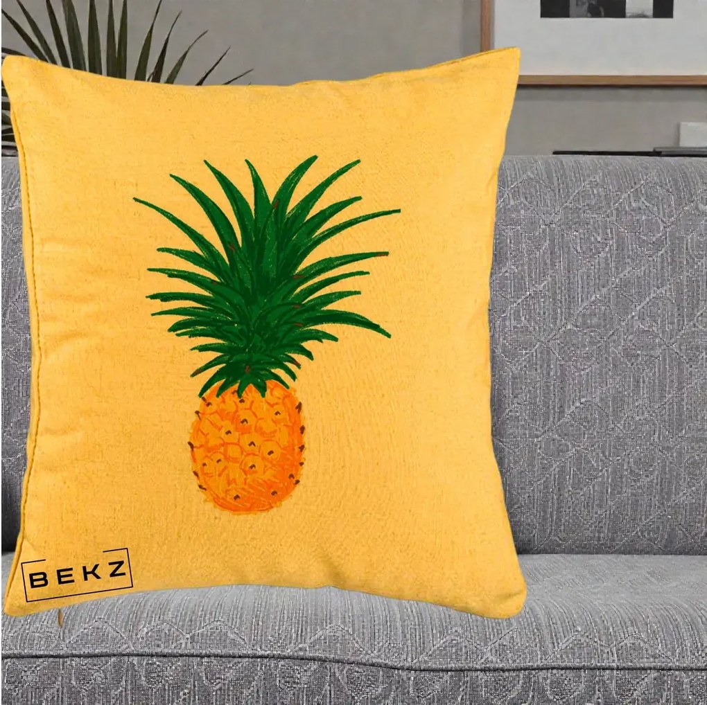 Perna Decorativa Ananas Tropical, 40x40 cm, Galben, Husa Detasabila, Perna Inclusa, BEKZ®