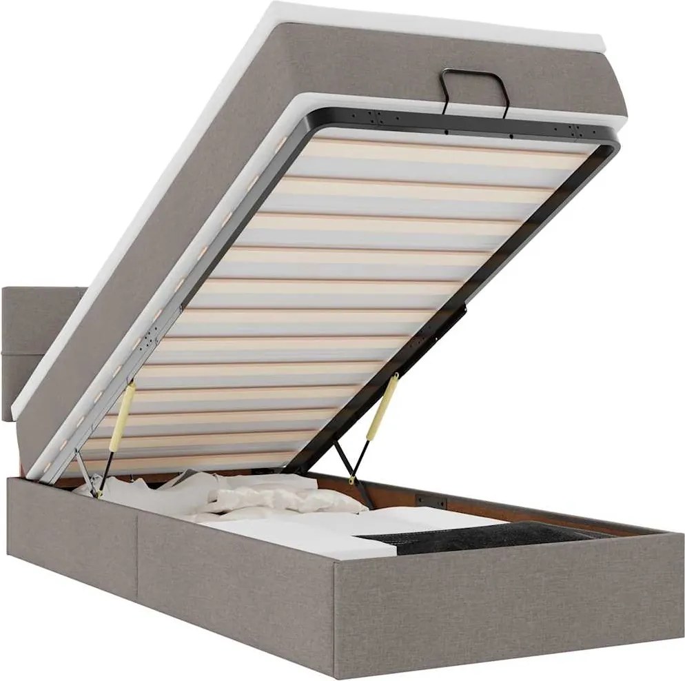 vidaXL Pat otoman cu saltea și LED-uri, gri taupe, 90x200 cm, textil