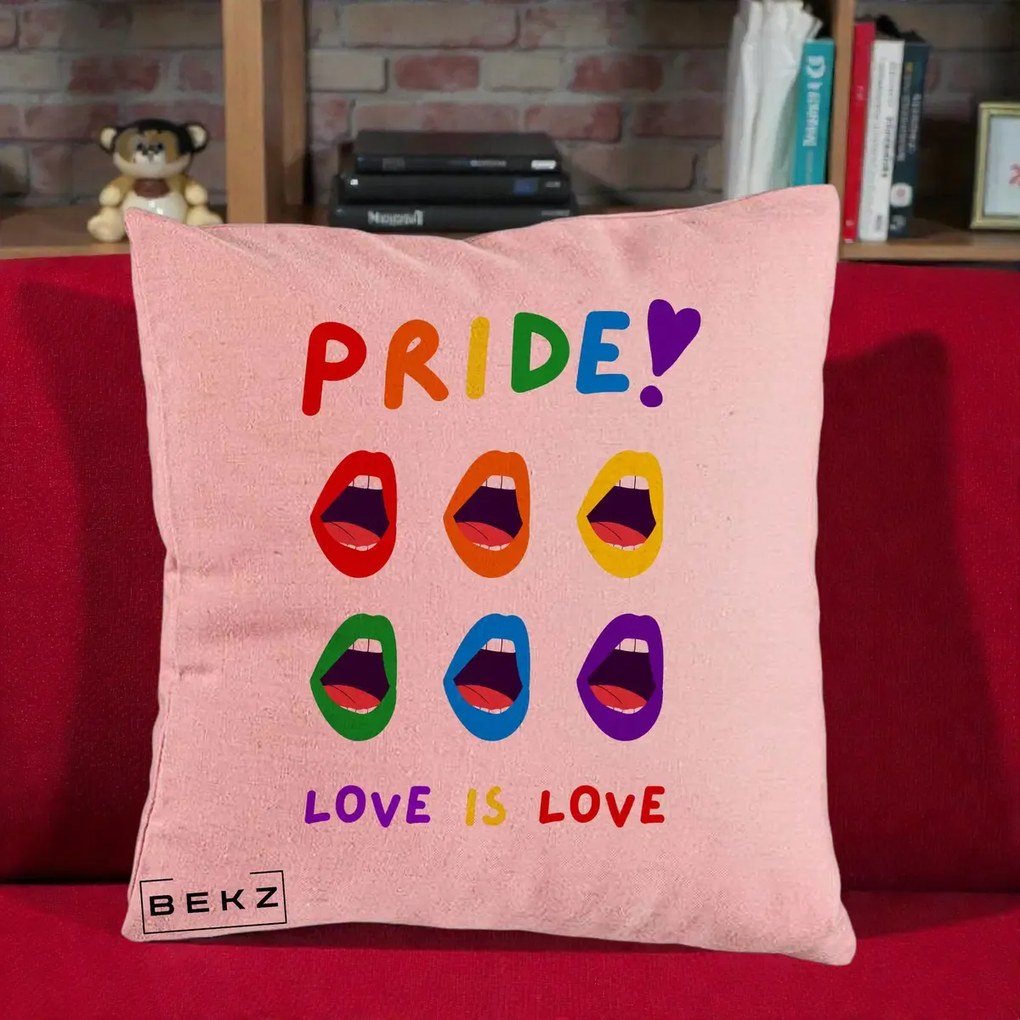 Perna Personalizata Pride Love is Love Curcubeu, 40x40 cm, Roz, Husa Detasabila, Perna Inclusa, BEKZ®