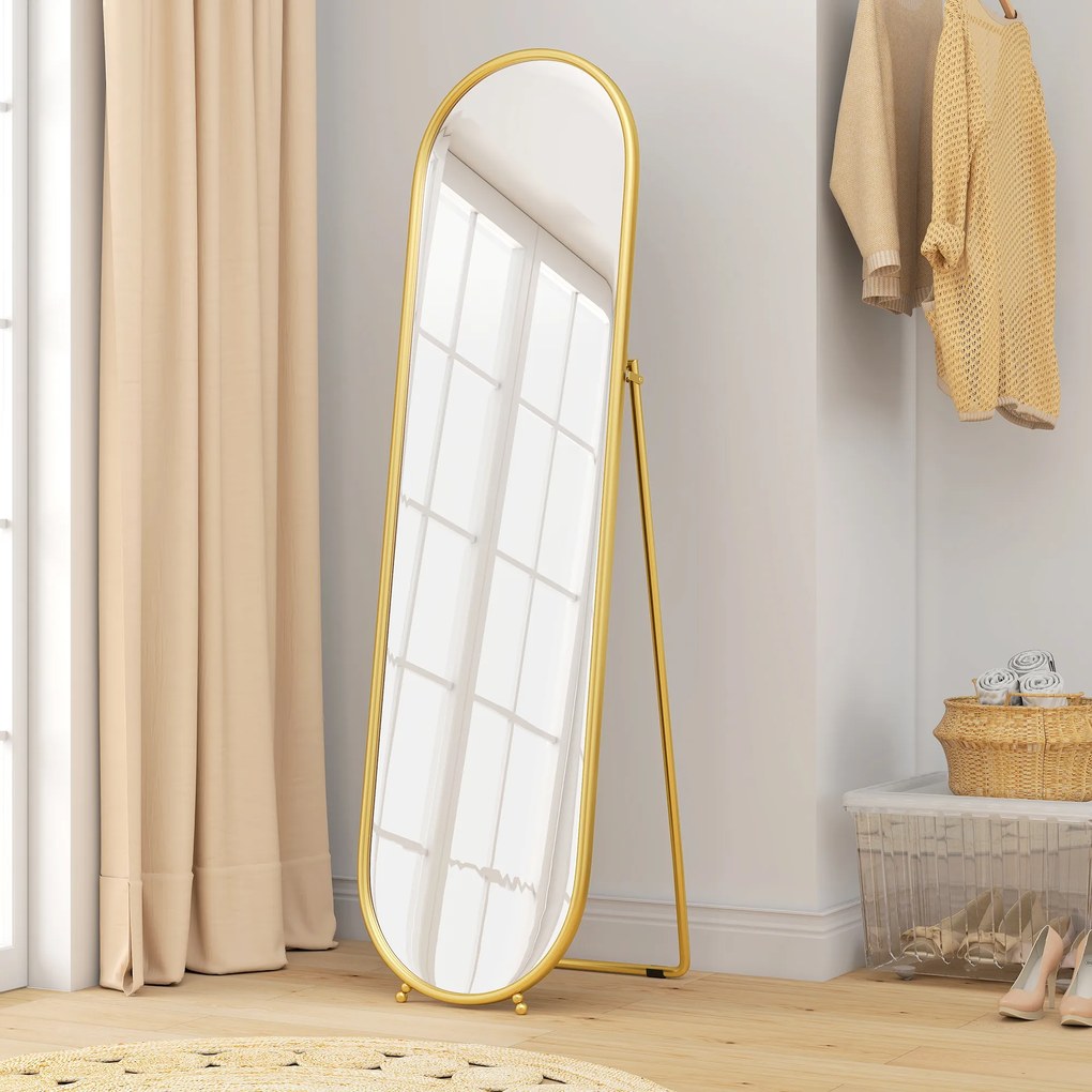HOMCOM Oglindă Înaltă cu Cadru de Susținere, Oglindă Ovală pentru Dormitor sau Living, 40x4x160 cm, Auriu | Aosom Romania