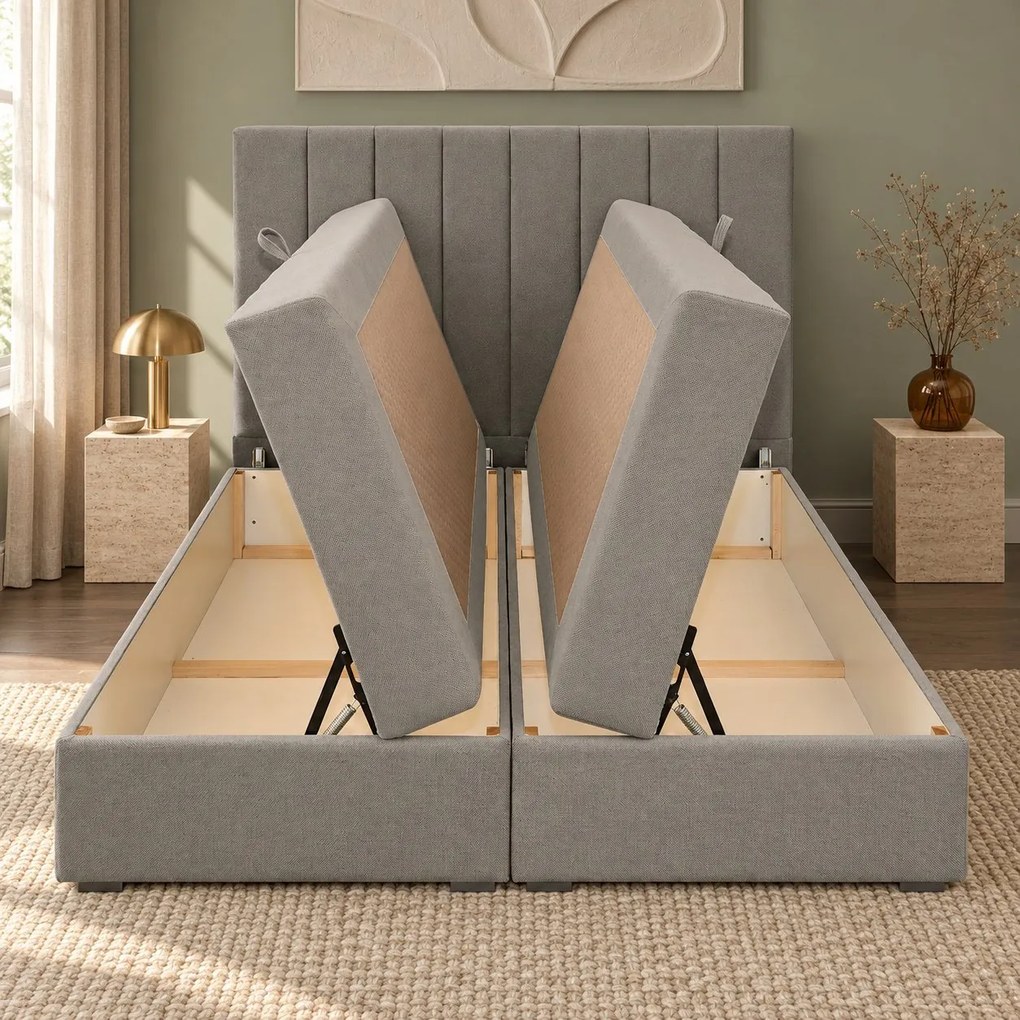 Pat boxspring din catifea Novella cu ladă 160×200 cm, gri deschis