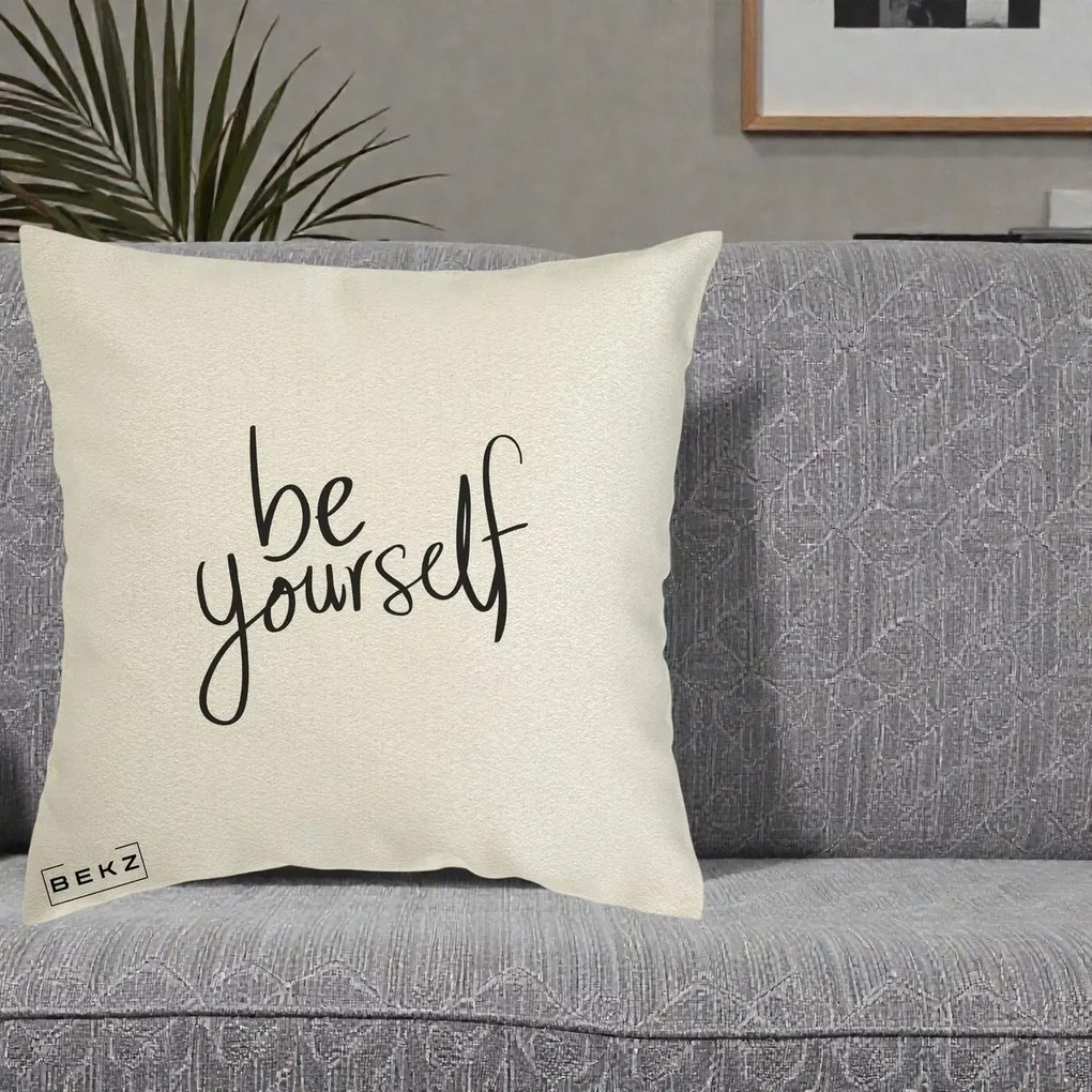 Perna Decorativa Be Yourself Caligrafie Neagra, 40x40 cm, Ecru, Husa Detasabila, Perna Inclusa, BEKZ®
