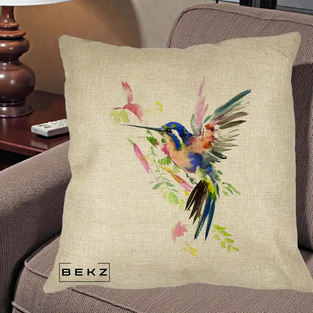 Perna Decorativa Colibri Acuarela, 40x40 cm, Crem, Husa Detasabila, Perna Inclusa, BEKZ®
