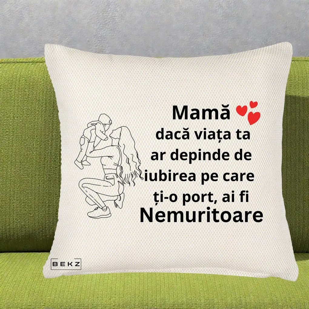 Cadou pentru Mama - Perna Personalizata Mama Nemuritoare Portret Graphic, 40x40 cm, Crem Reliefat, Husa Detasabila, Perna Inclusa, BEKZ®