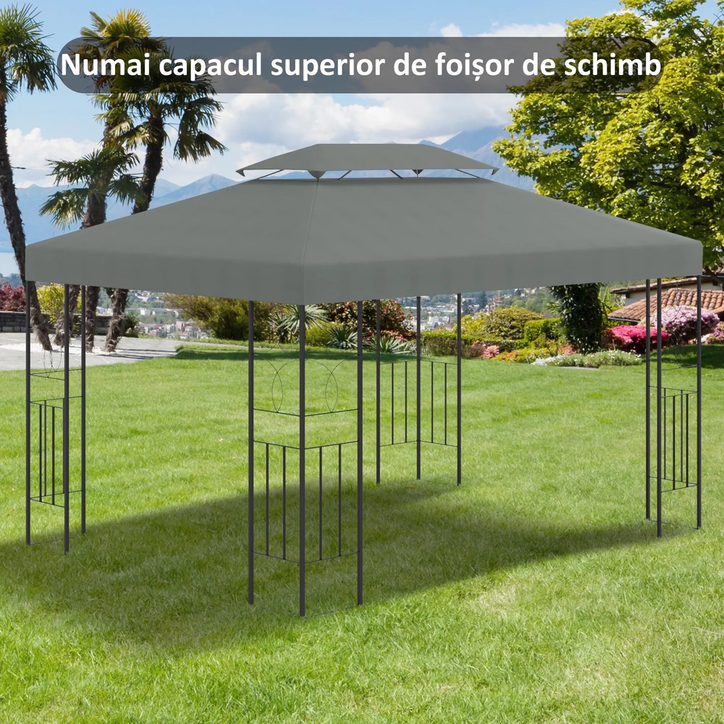 Outsunny Prelata pentru Foisor 4x3 m cu 2 Niveluri, Acoperis pentru Foisor din Poliester Anti UV cu Chingi din Velcro si 10 Orificii de Drenaj, Gri