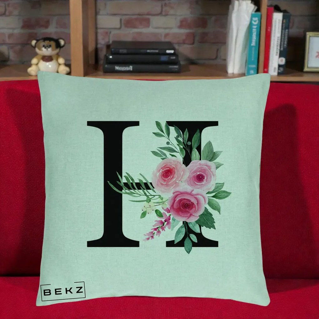 Cadou Personalizat - Perna Personalizata Monograma Florala Litera H cu Trandafiri Roz, 40x40 cm, Verde Menta, Husa Detasabila, Perna Inclusa, BEKZ®