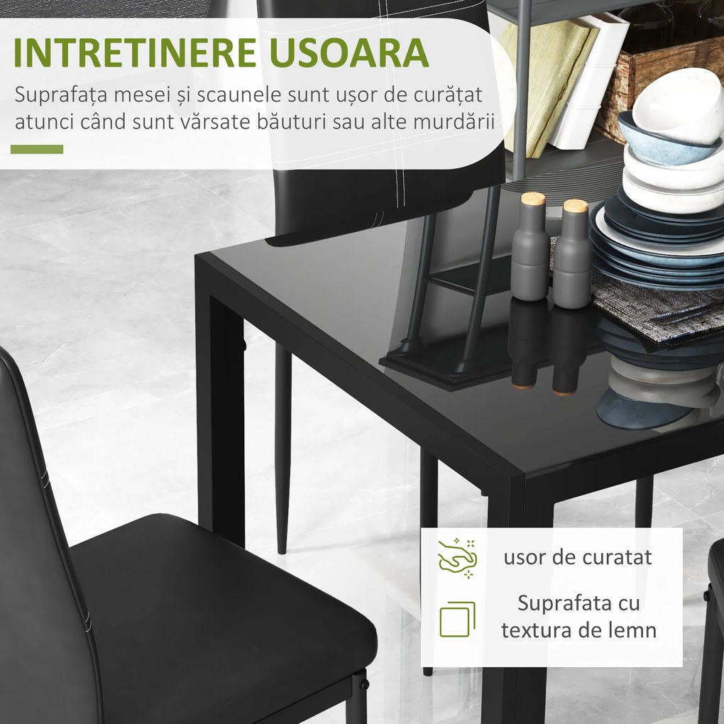 Homcom Set Masa de Luat Masa cu 4 Scaune Tapitate, Design Modern pentru Sala de Mese, Metal Sticlă PU, Negru | Aosom Romania