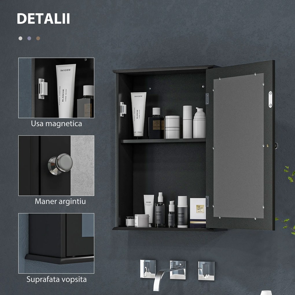 kleankin Mobilier de Baie Dulap Suspendat cu Oglindă 41x14x60cm Negru | Aosom Romania