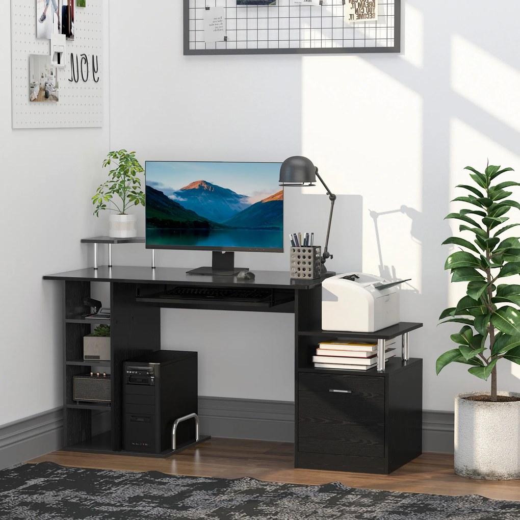 HOMCOM Birou Modern pentru Computer cu Sertare, Rafturi și Suport Detașabil pentru Tastatură, 152x60x88 cm, Negru | Aosom Romania