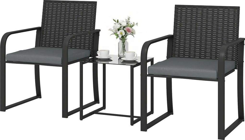 Outsunny Set de mobilier de grădină din ratan sintetic cu 2 scaune cu perne și masă cu blat din sticlă, gri | Aosom Romania
