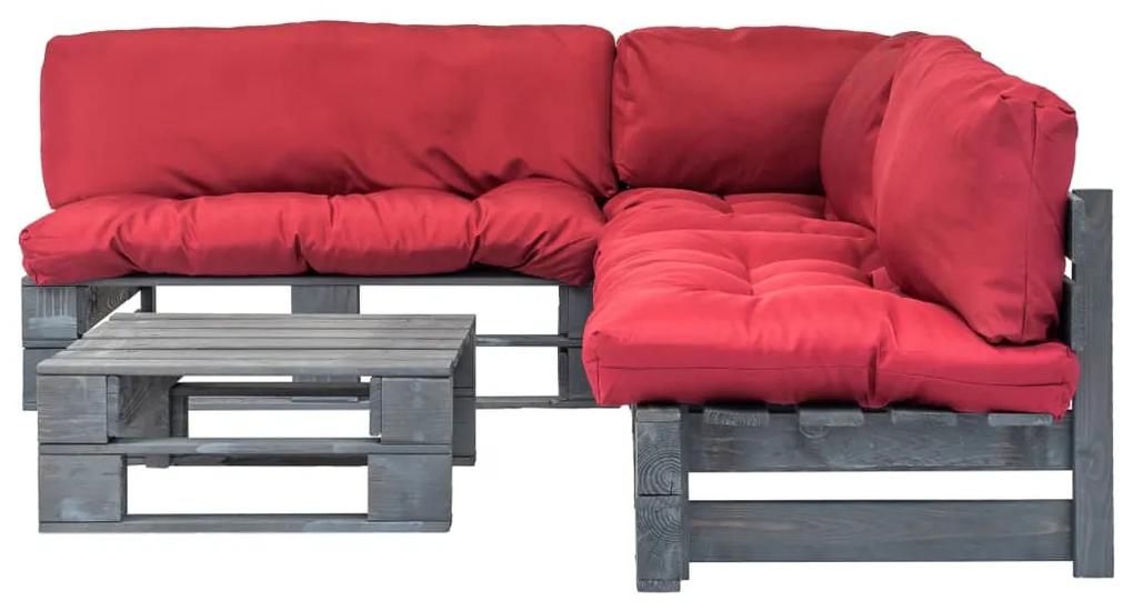 Set mobilier de gradina paleti cu perne rosii, 4 piese, lemn Gri si rosu, 4
