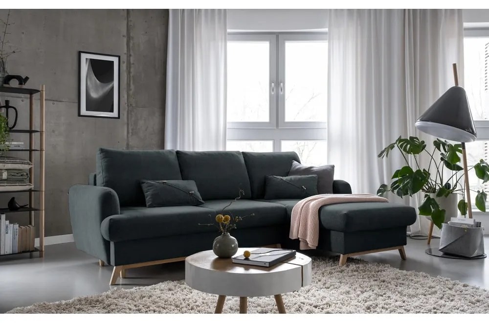 Colțar gri închis extensibil/cu spațiu de depozitare (cu colț pe partea dreaptă/cu șezlong) Scandic Lagom – Miuform