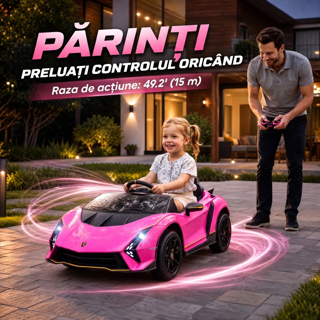 AIYAPLAY Mașină Electrică pentru Copii 3-6 Ani 12V Lamborghini Autentica, 2 Motoare, Uși Tip Foarfecă, Suspensii, Roz | Aosom Romania
