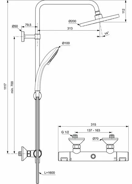 Coloana de dus cu baterie termostatata Ideal Standard Ceratherm T25