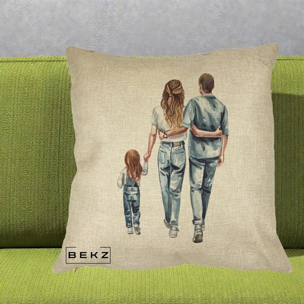 Cadou pentru Familie - Perna Personalizata Familie Acuarela Jeans, 40x40 cm, Crem, Husa Detasabila, Perna Inclusa, BEKZ®