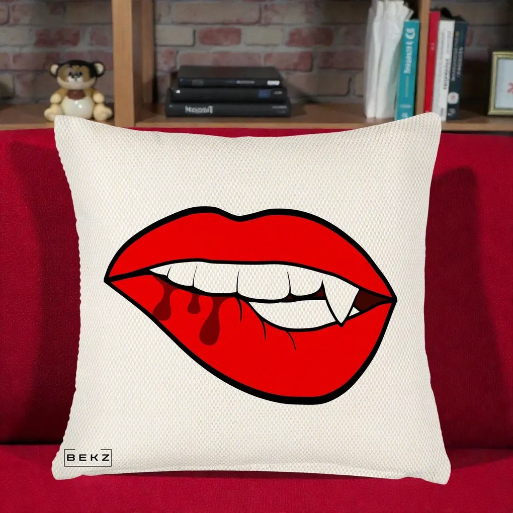 Perna Decorativa Vampire Lips Halloween, 40x40 cm, Crem Reliefat, Husa Detasabila, Perna Inclusa, BEKZ®