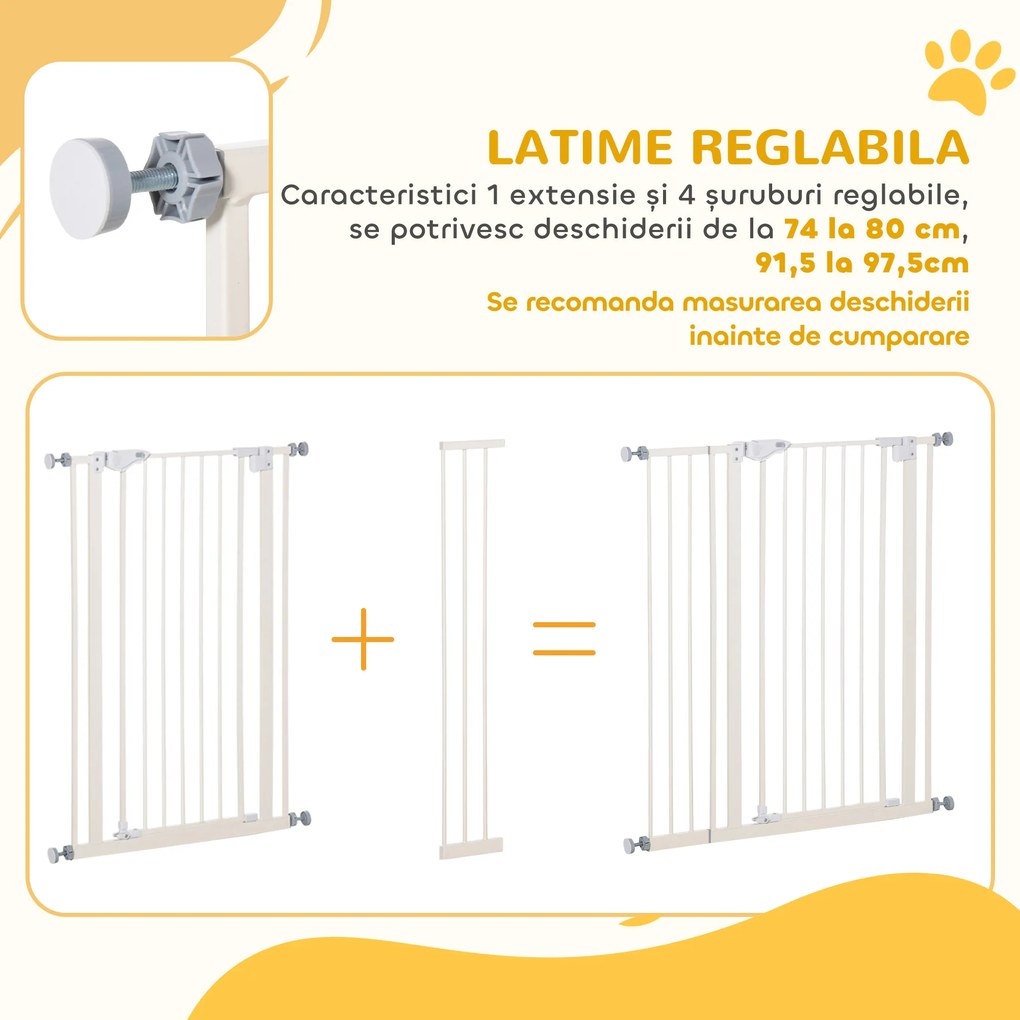 PawHut Poarta pentru Caini cu 4 Suruburi Reglabile si Banda Adeziva, Poarta de Siguranta din Metal si Plastic, 86x104.1 cm, Alb | Aosom Romania