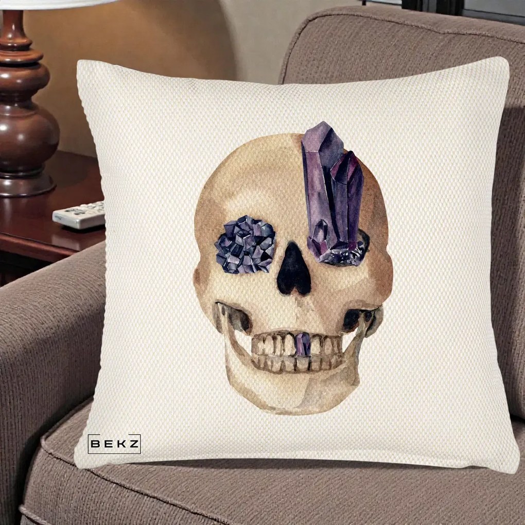 Perna Decorativa Craniu cu Cristale de Ametist, 40x40 cm, Crem Reliefat, Husa Detasabila, Perna Inclusa, BEKZ®
