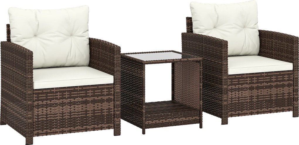 Outsunny Set Bistro pentru Exterior 3 Piese din Ratan cu Măsuță pe 2 Niveluri, Perne pentru Balcon și Terasă, Maro și Crem | Aosom Romania