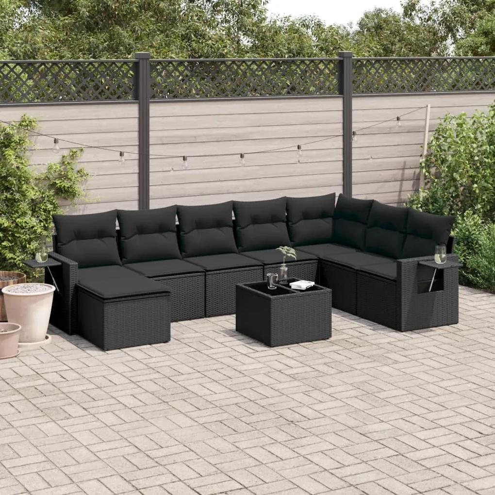 3252902 vidaXL Set mobilier de grădină cu perne, 9 piese, negru, poliratan