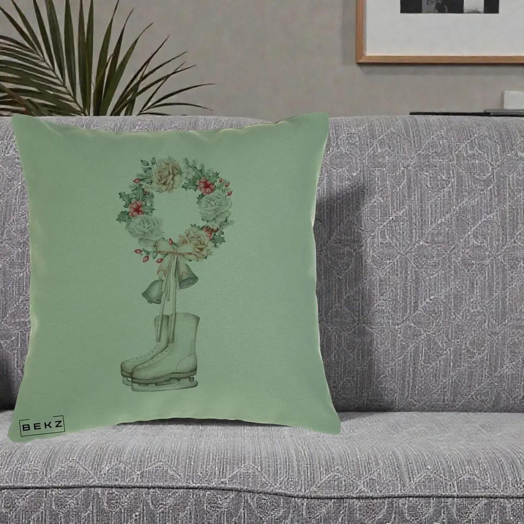 Perna Decorativa Patine cu Coroana Florala de Craciun, 40x40 cm, Verde, Husa Detasabila, Perna Inclusa, BEKZ®