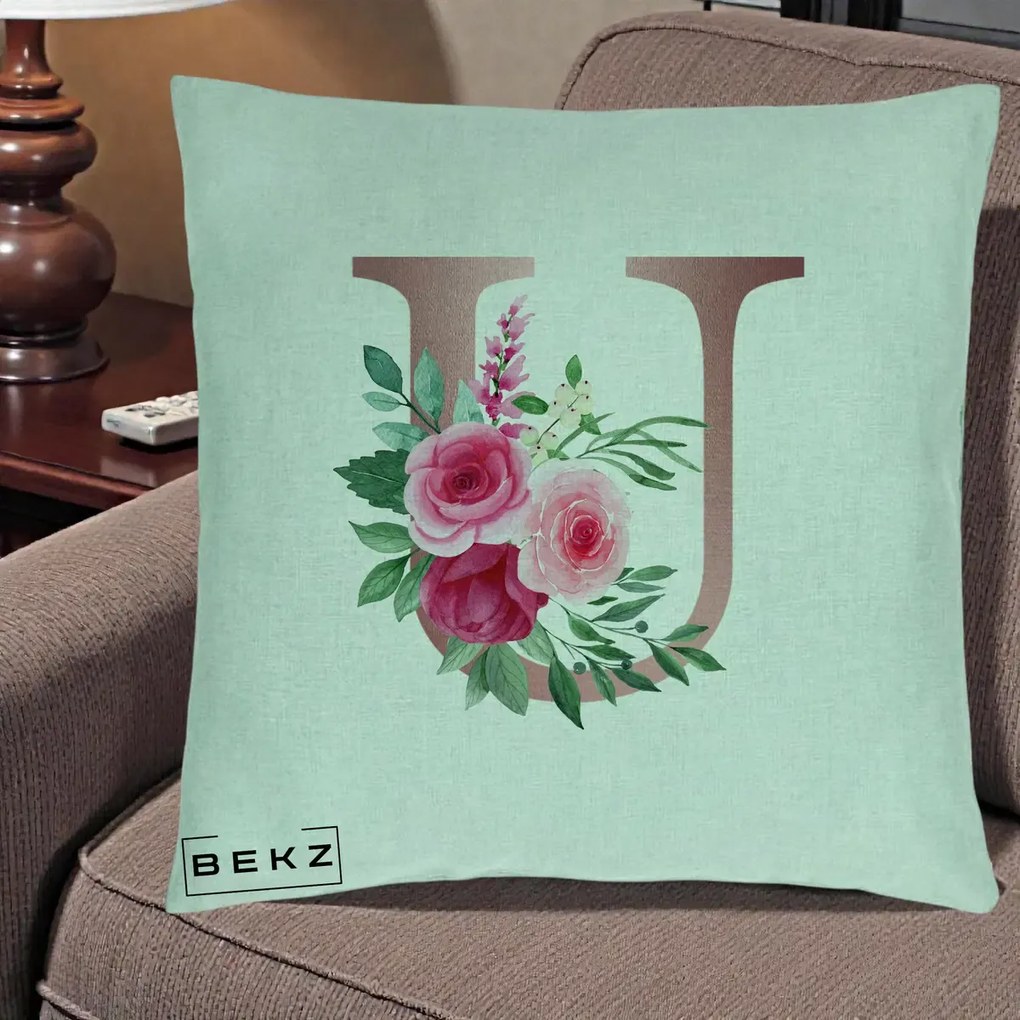 Cadou Personalizat - Perna Personalizata Monograma Rose Gold Litera U, 40x40 cm, Verde Menta, Husa Detasabila, Perna Inclusa, BEKZ®